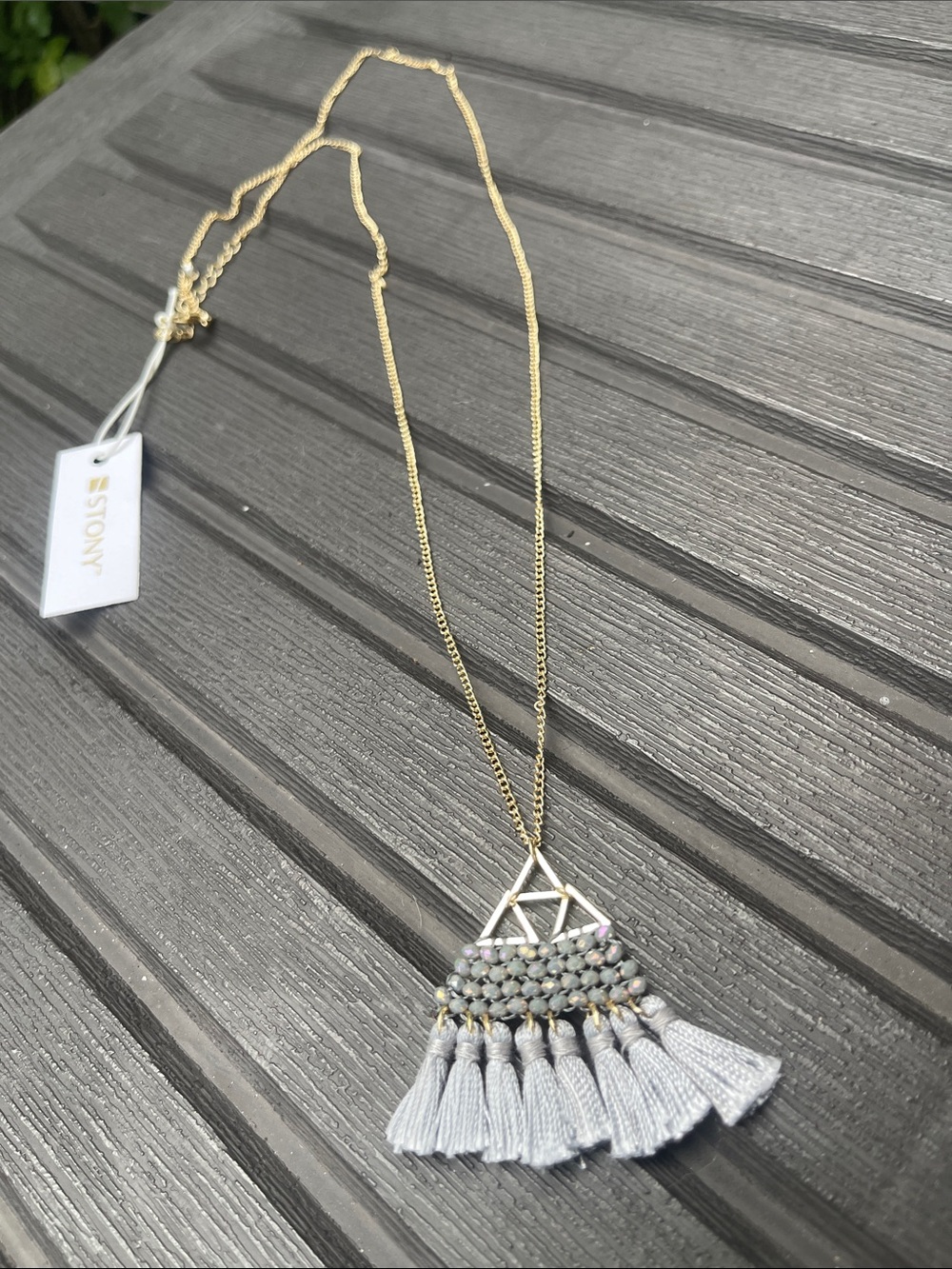 Stony - Gold Tassel Pendant Necklace with Light Gray Tassels